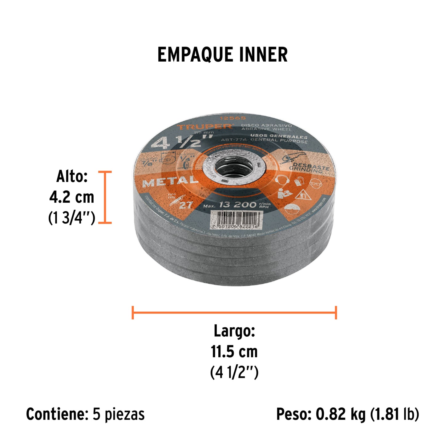 DISCO TIPO 27 DE 4-1/2 X 6.4 MM PARA DESBASTE DE METAL 12565