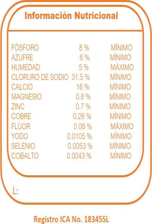 Sal mineralizada Cría y Lechería 8% Suplegan - composición nutricional