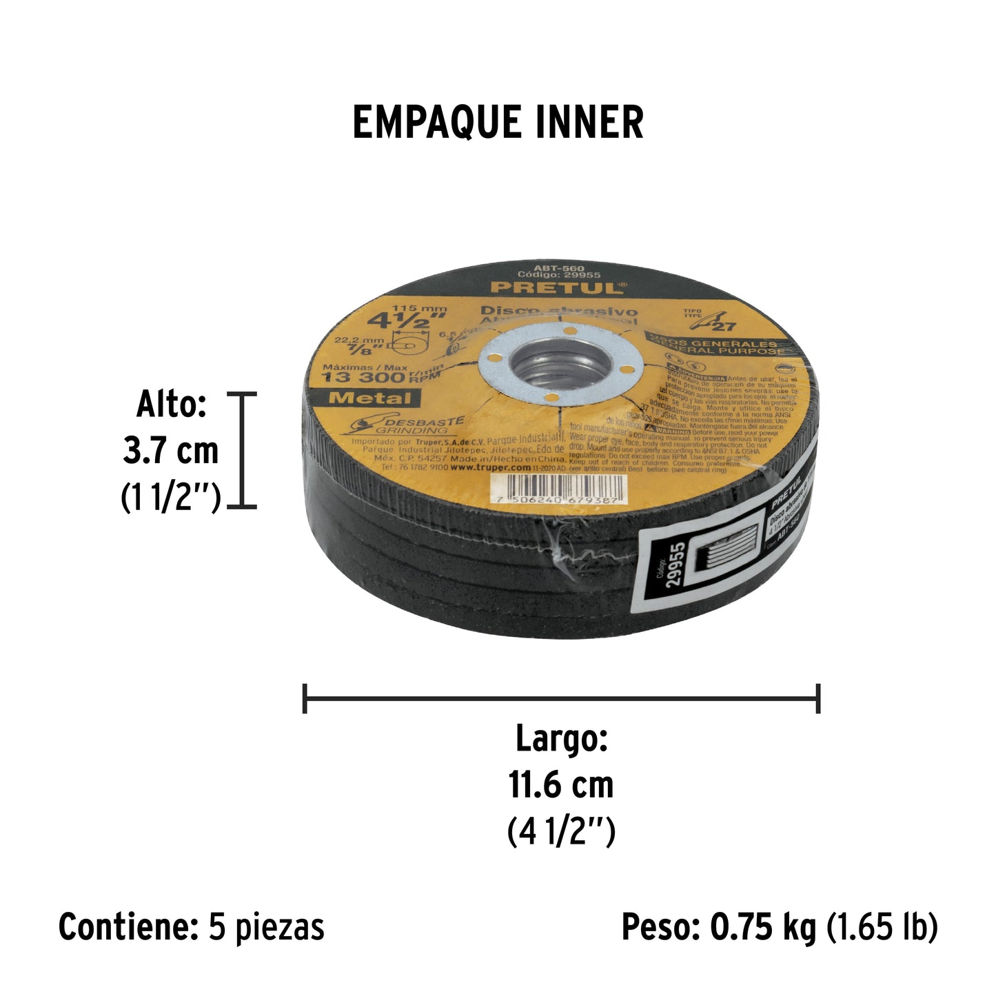 DISCO TIPO 27 DE 4-1/2 X 6.2 MM DESBASTE METAL 29955