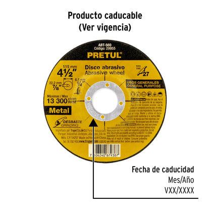 DISCO TIPO 27 DE 4-1/2 X 6.2 MM DESBASTE METAL 29955