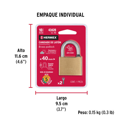 VORHÄNGESCHLOSS AUS MESSING 40MM 43428