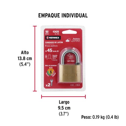 VORHÄNGESCHLOSS AUS MESSING 45MM 43429