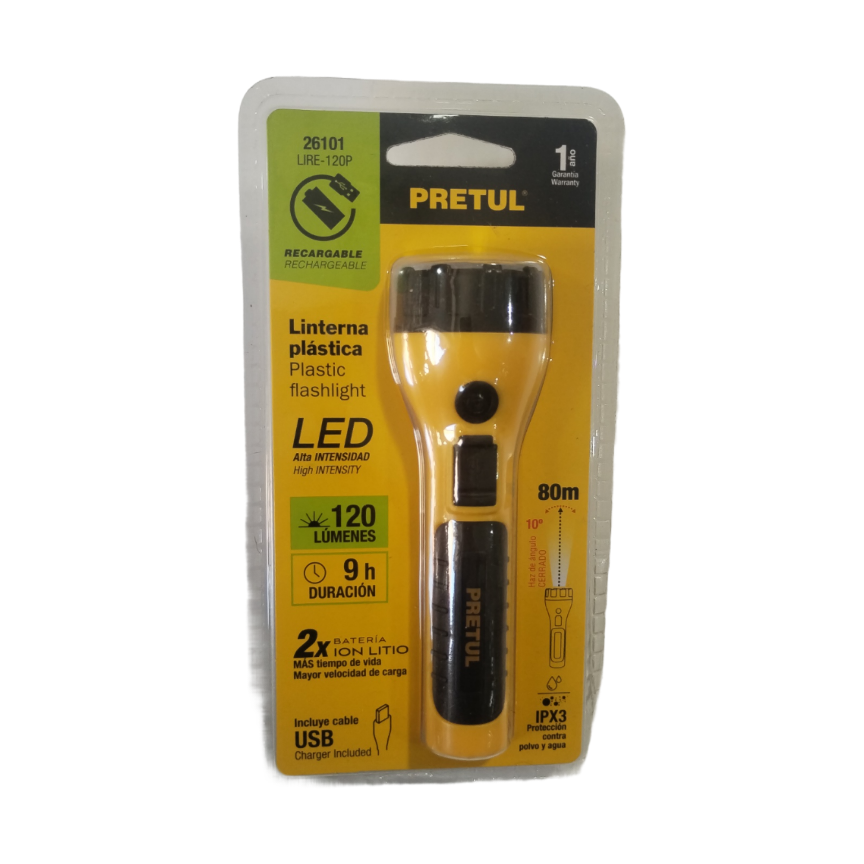 LINTERNA PLÁSTICA RECARGABLE DE LED 120 lúmenes 26101 Pretel
