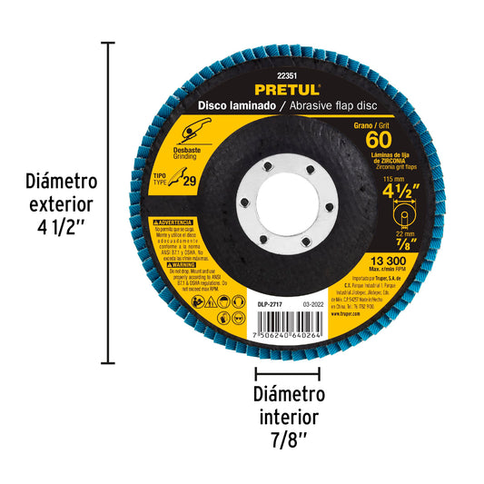 DISCO LIMADO 4-1/2 GRANO 60 CENTRO 7/8 FIBRA 22351