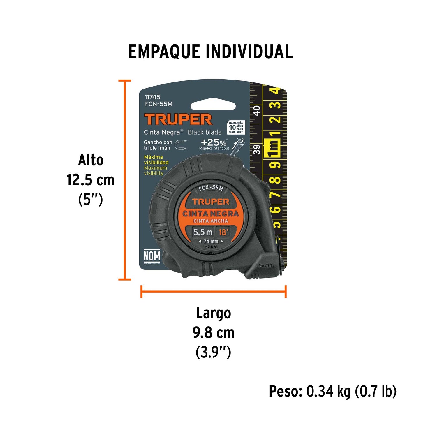 Flexómetro contra impactos 5.5 m, Cinta Negra 25 mm, TRUPER 11745
