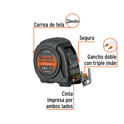 Flexómetro contra impactos 5.5 m, Cinta Negra 25 mm, TRUPER 11745
