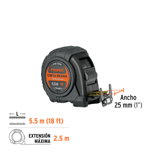 Flexómetro contra impactos 5.5 m, Cinta Negra 25 mm, TRUPER 11745
