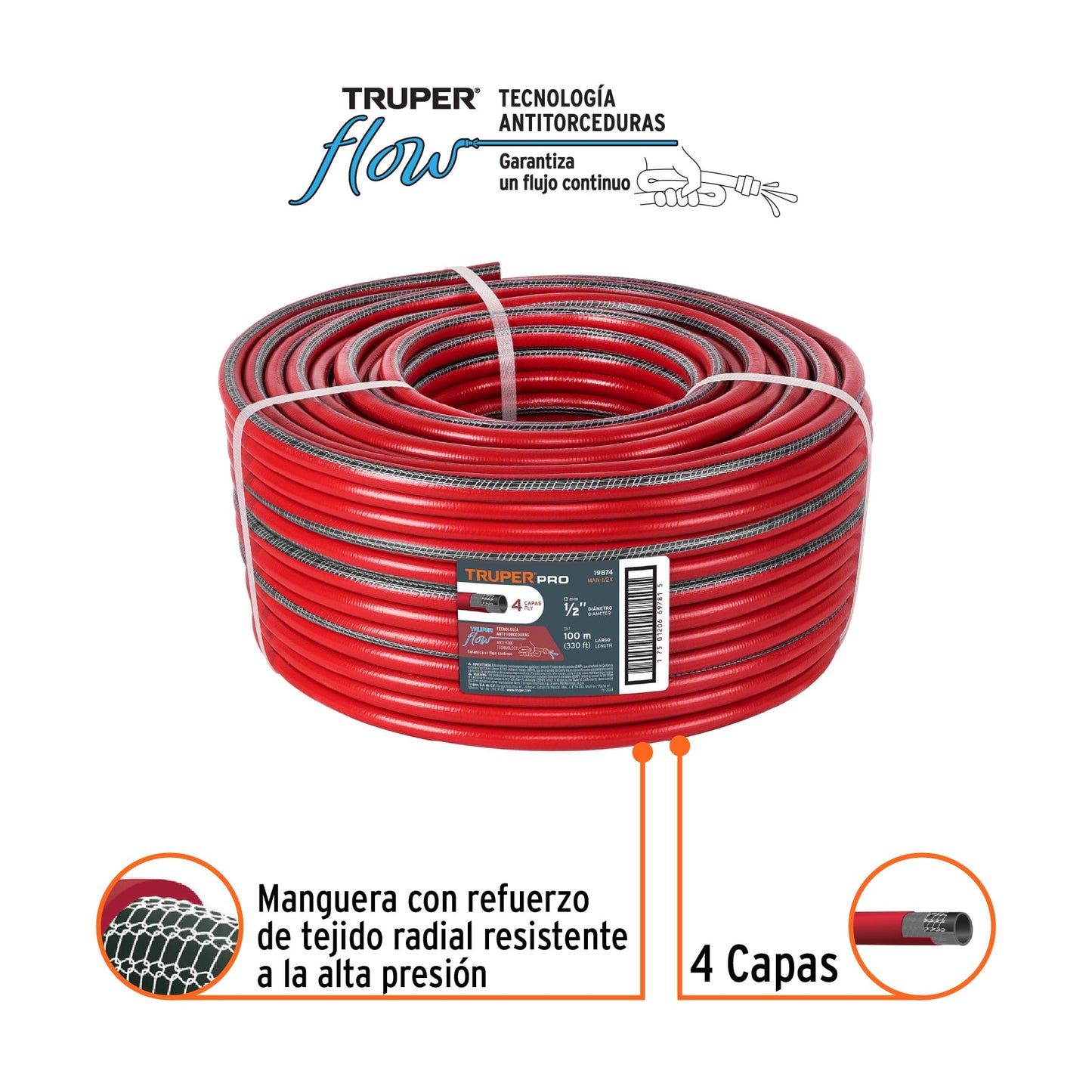 METRO DE MANGUERA 1/2" 4 CAPAS EN ROLLO DE 100M TRUPER 19874
