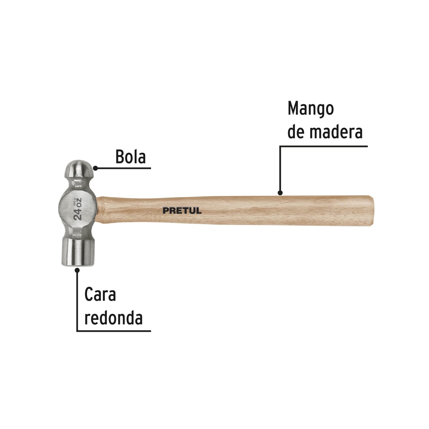 MARTILLO PULIDO DE BOLA 24 OZ MANGO MADERA, PRETUL 22659