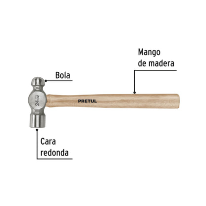 MARTILLO PULIDO DE BOLA 24 OZ MANGO MADERA, PRETUL 22659