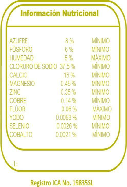 Sal mineralizada Levante y Ceba 6% Suplegan - composición nutricional