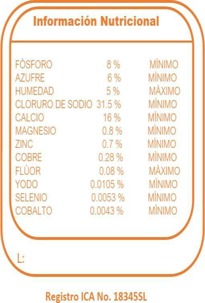 Sal mineralizada Cría y Lechería 8% Suplegan - composición nutricional